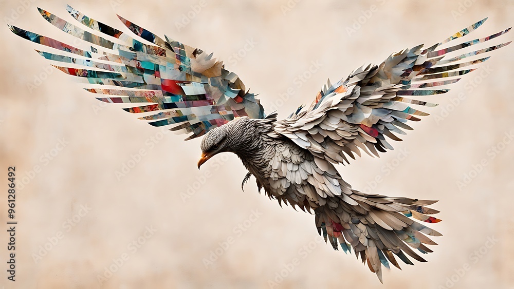 Poster a mixed media composition of a bird in flight, with wings made of torn magazine clippings and a body