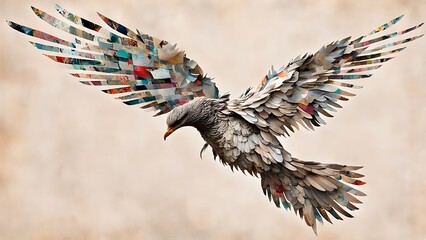A mixed media composition of a bird in flight, with wings made of torn magazine clippings and a body that dissolves into abstract digital shapes, representing freedom and transformation