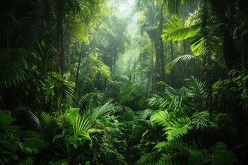 Obraz premium Vibrant rainforest jungle with dense vegetation and diverse flora.