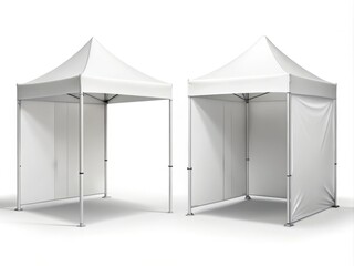 A blank white folding tent with branding possibilities, isolated from background, showcases its sleek design from