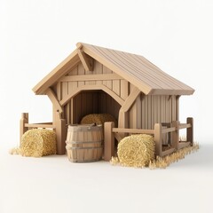 3D Render of a Western stable with hay bales and a horse trough, on isolated white background
