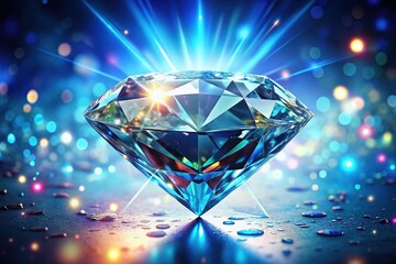 Vibrant, stylized diamond with exaggerated facets and sparkling highlights, set against a bright blue background, evoking a sense of luxury, wealth, and whimsical fantasy.