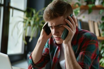 A troubled young businessman seeks advice while juggling multiple phone calls in a cozy office space