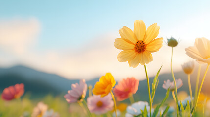 Fototapeta premium A radiant sunrise illuminates the horizon, light over a flourishing natural landscape. Blooming flowers and vibrant colors of the beauty of nature rebirth, the potential of new beginnings and growth.