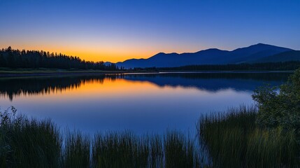 Fototapeta premium A clear sky at sunrise, with the first light of the day illuminating a tranquil lake and distant mountains.