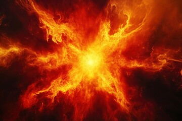 Dramatic fire and smoke effect glowing red and yellow colors exploding outwards with center space. Vivid and hot hell abstract or blazing fire background or wallpaper, ai