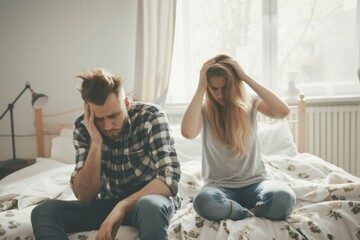 Naklejka premium Sad couple facing emotional turmoil at home, sitting on the bed in a moment of despair and conflict