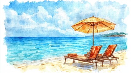 Sunny Beach Retreat: Relaxing Loungers Under an Umbrella with a Serene Ocean View