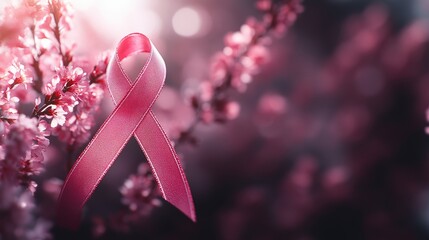 Fototapeta premium A beautiful pink ribbon symbolizing hope and awareness, surrounded by delicate cherry blossoms in soft focus.