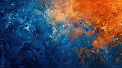 Bold blue and orange splashes with blurred edges and light create a dynamic Post-Impressionist background