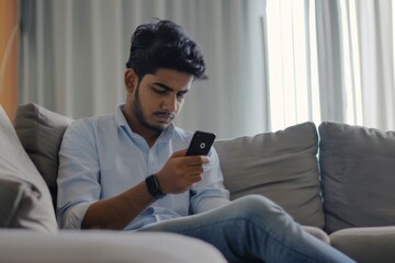 Obraz premium Disheartened Indian man sitting alone on a sofa at home, receiving disappointing news through a smartphone app in his living room