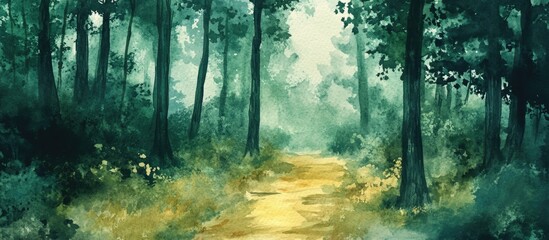 Serene Forest Pathway: A Tranquil Journey Through Lush Greenery in Watercolor