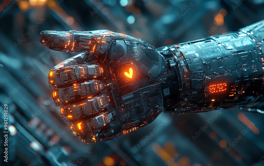 Poster closeup of a robotic hand giving a thumbs down, intricate mechanical details and glowing circuits, s