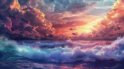 Fototapeta premium Background with a dramatic seascape crashing waves textured clouds and a glowing sunset reflection