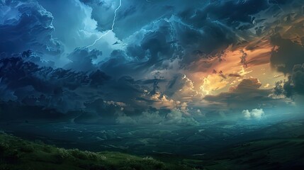 Wallpaper featuring a stormy sky over rolling hills with dramatic clouds and subtle lightning effects