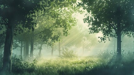Background with a tranquil forest glade soft diffused light filtering through the canopy and delicate textures