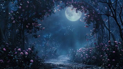 Background with a moonlit garden scene blooming flowers soft mist and glowing ambient light effects