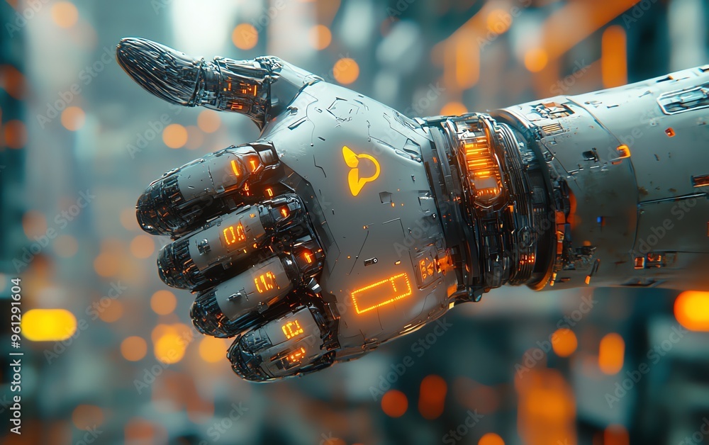 Poster closeup of a robotic hand giving a thumbs down, intricate mechanical details and glowing circuits, s