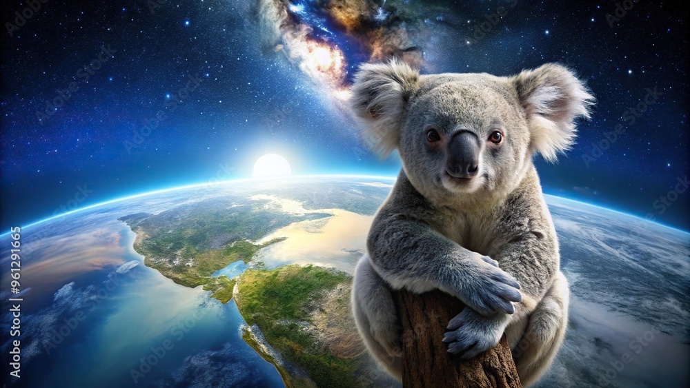 Wall mural asymmetrical koala bear floating in space with earth in background