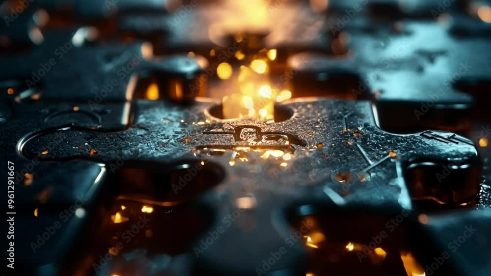 Poster dark metallic puzzle pieces are glowing with orange light emanating from the center creating a path 