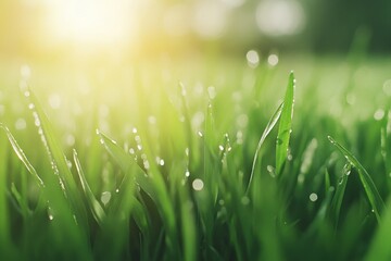 Fototapeta premium Morning Dew Sparkles on Lush Green Grass, Capturing Nature's Fresh Awakening in Soft Light
