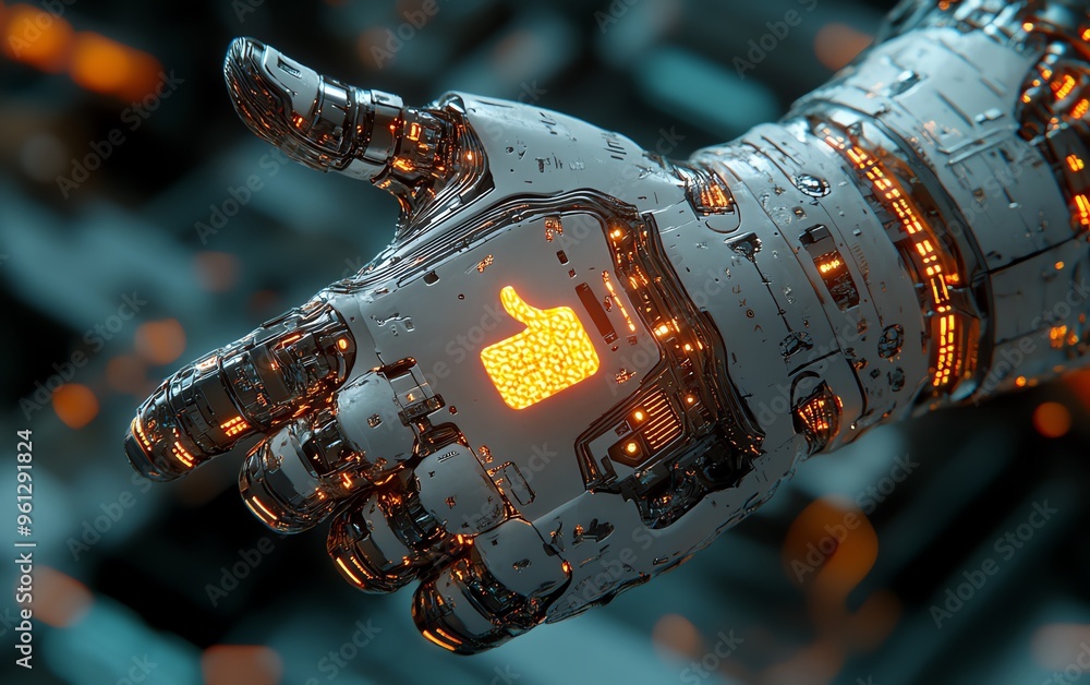 Poster closeup of a robotic hand giving a thumbs down, intricate mechanical details and glowing circuits, s