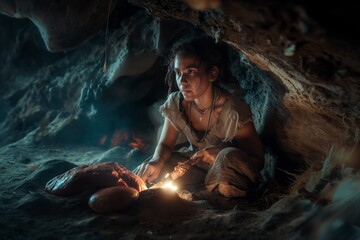 Prehistoric homo sapiens woman inside a cave sitting next to a fire