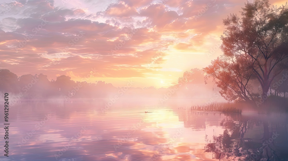 Poster Wallpaper of a peaceful riverbank at dawn with morning mist pastel colors in the sky and soft reflections