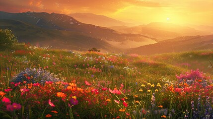 Background of a colorful meadow in bloom rolling hills and a warm sunset creating a peaceful scene