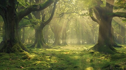 Obraz premium Backdrop showcasing an enchanted glade with ancient trees mossy ground and soft beams of light filtering through