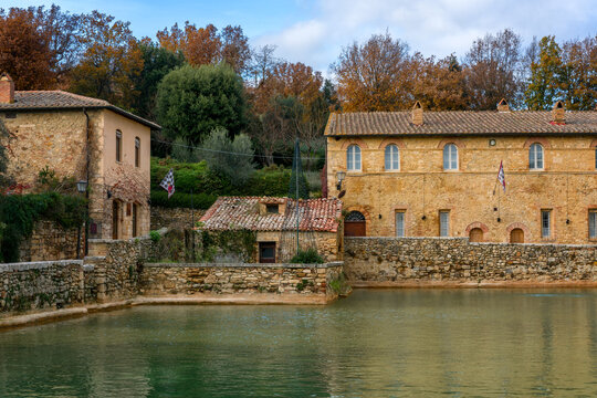 Bagno Vignoni hot springs main square pool in Tuscany, Italy