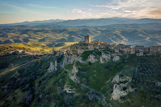 Craco drone aerial view of ancient abandoned city on top of the hill