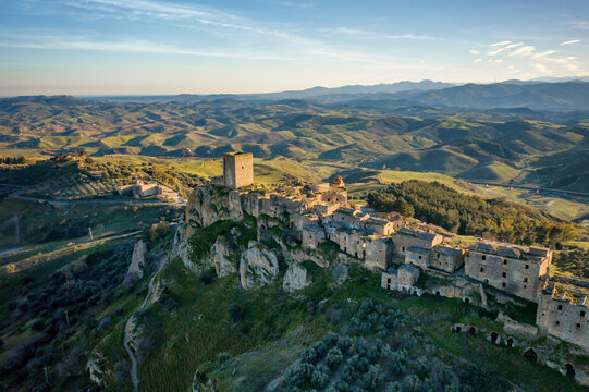 Craco drone aerial view of ancient abandoned city on top of the hill