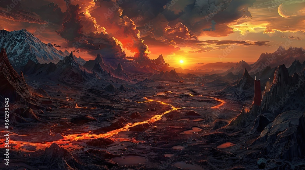 Canvas Prints Backdrop featuring a volcanic landscape with rugged terrain and a fiery sunset casting a glowing light