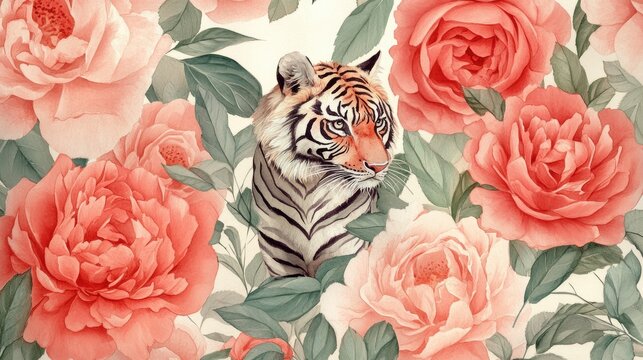 Majestic Tiger Amidst Blooming Peonies: A Captivating Fusion of Wildlife and Floral Beauty