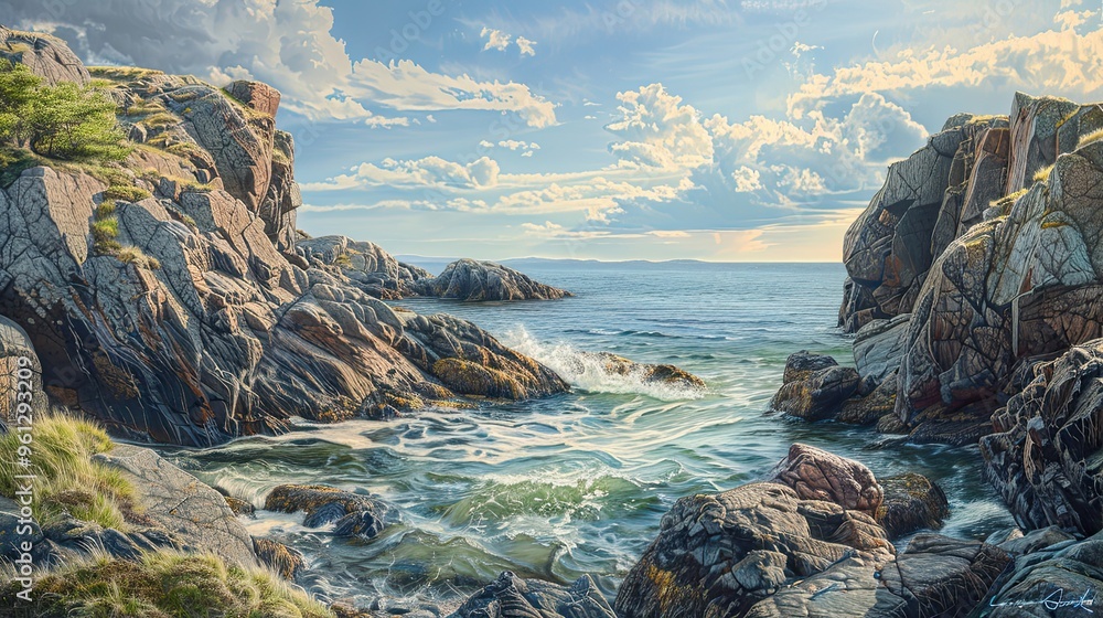 Poster Backdrop showcasing a rocky coastline with weathered rocks gentle waves and a clear vibrant sky