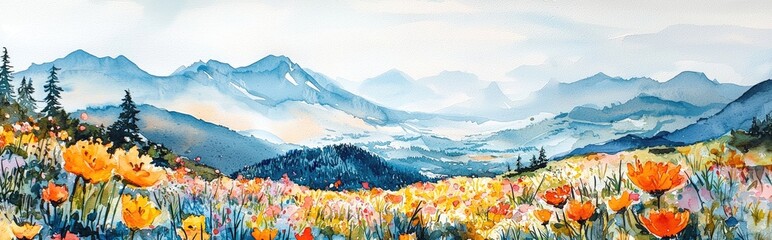 Breathtaking Floral Landscape with Majestic Mountains in Serene Watercolor Style
