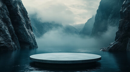 a cinematic advertisement shot of blank round stage podium in dark mountain and blue water, dark nature background