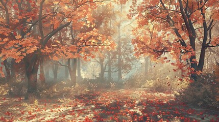 Background of an autumn forest with detailed red and orange leaves soft sunlight and a carpet of leaves