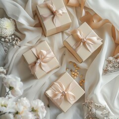 wedding gift boxes on white fabric