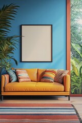 Colorful Contemporary Modern Living Room with Blue and Orange Walls and Blank Frame Mockup