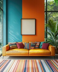 Colorful Contemporary Modern Living Room with Blue and Orange Walls and Blank Frame Mockup