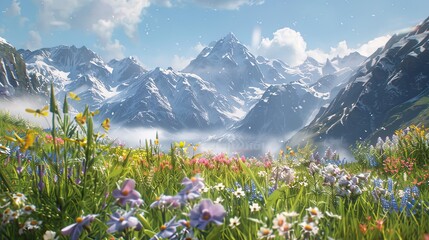 Alpine meadow backdrop with blooming wildflowers and mountain peaks in the distance