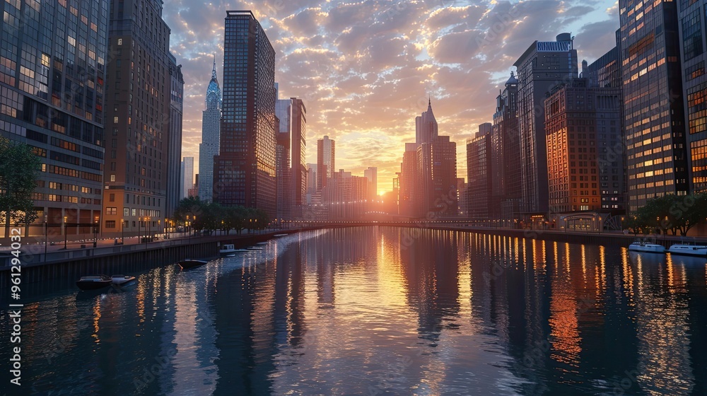 Wall mural Vibrant dusk cityscape with soft sunset light reflecting on a calm river as the backdrop