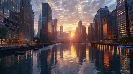 Obraz premium Vibrant dusk cityscape with soft sunset light reflecting on a calm river as the backdrop