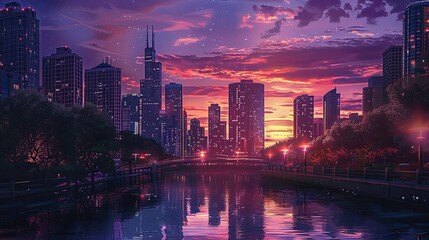 Obraz premium Cityscape at dusk with glowing sunset and skyscrapers reflected on the river backdrop