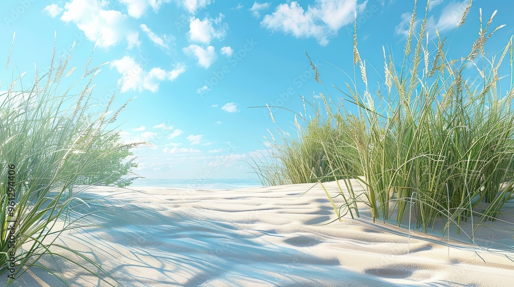 Canvas Prints Wallpaper of coastal dunes with tall grasses soft sand and a bright blue sky