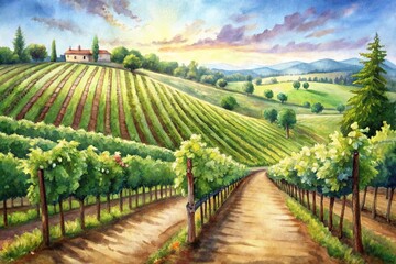 Naklejka premium Asymmetrical rolling vineyards painted in warm watercolors with grapevines stretching into the distance watercolor clip art