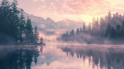 Misty mountain lake scene with smooth water and pink dawn sky as the background