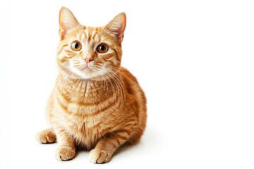 A cat with orange fur is sitting on a white background. The cat has a curious expression on its face , ai